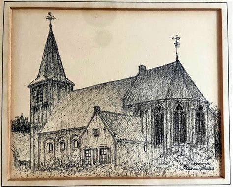 Historische foto of tekening van de kerk van Driesum, met nadruk op de architecturale details.