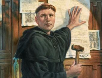 Afbeelding van Maarten Luther die zijn 95 stellingen aan de kerkdeur van Wittenberg spijkert
