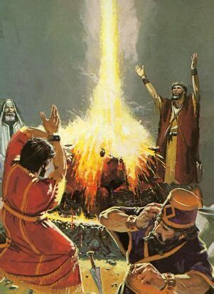 Illustratie van het tweede beest met lamachtige hoorns, dat vuur uit de hemel doet neerkomen