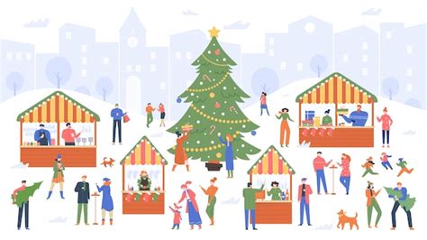 Illustratie van een Victoriaanse kerstmarkt met kraampjes en mensen in historische kledij