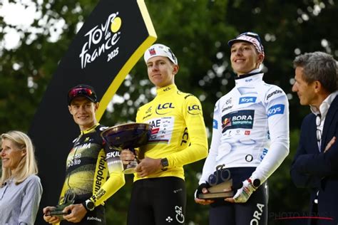 Foto van de renners op het podium tijdens de presentatie van de Tour de France