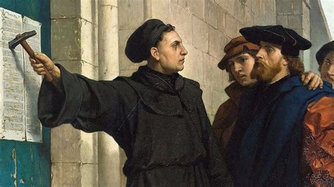 Een afbeelding die de Reformatie symboliseert, met Maarten Luther en zijn 95 stellingen.