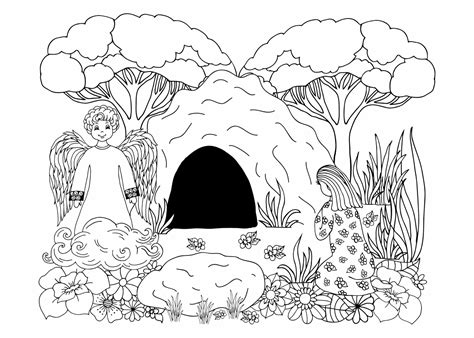 Illustratie van een graf met een engel die de steen wegrolt