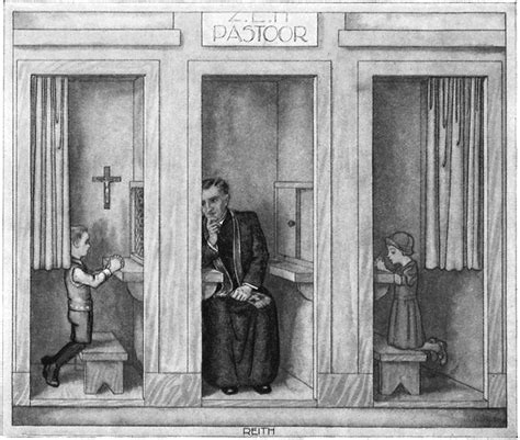 Illustratie van een biechtstoel, met de priester aan de ene kant en de boeteling aan de andere kant.