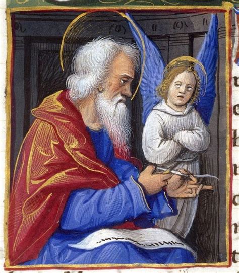 Illustratie van de apostel Matteüs die schrijft, met een engel die hem inspireert