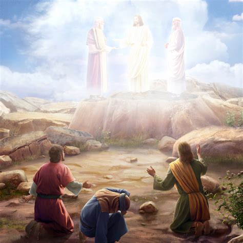 Illustratie van de verheerlijking van Jezus op de berg, met Mozes en Elía.