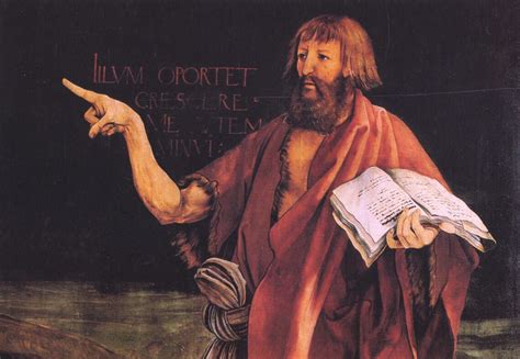 Een artistieke weergave van Johannes de Doper die spreekt in de woestijn.