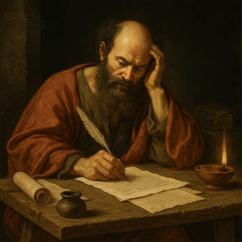 Illustratie van de apostel Paulus die een brief schrijft.