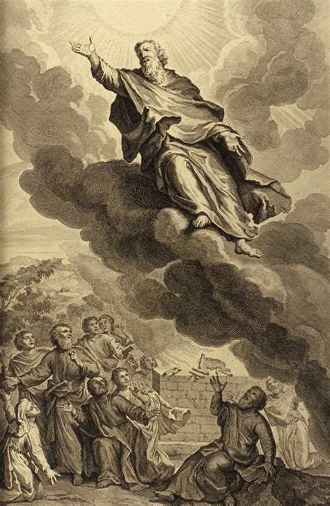 Illustratie van Jezus die ten hemel vaart, omringd door discipelen die naar boven kijken