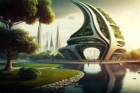 Een illustratie van een stad met een utopische uitstraling, die de 'stad van de toekomst' symboliseert.