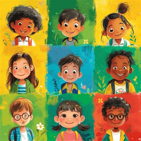 illustratie van kinderen die in verschillende bussen stappen, met een lachende meester Job