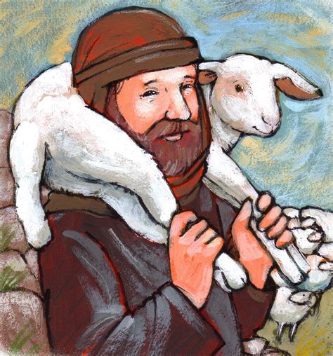 Een artistieke weergave van de Goede Herder die verloren schapen zoekt en verzorgt.