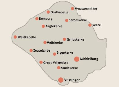 Kaart van Walcheren met de locaties van de Gereformeerde Kerken