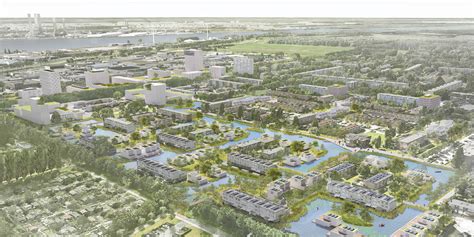 Kaart van de geplande Westwijk met centrale as en groenvoorzieningen