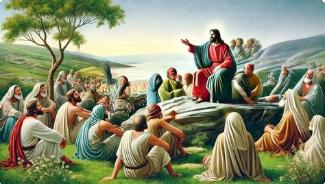 een illustratie van Jezus die de Bergrede geeft aan zijn discipelen