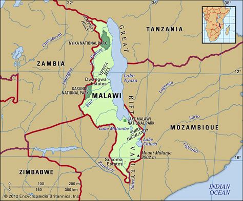 Plattegrond van Malawi met de locatie Kamphambe (indien bekend).