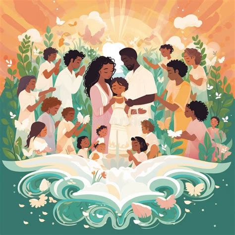 Illustratie van een doopceremonie met een kind en ouders/getuigen.