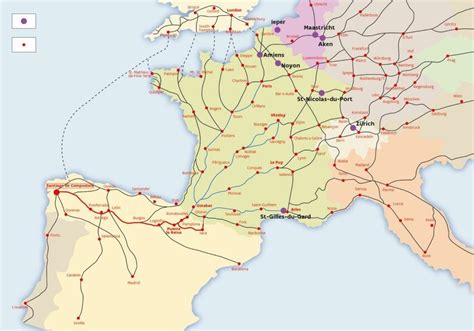 Een oude kaart die de belangrijkste pelgrimsroutes in middeleeuws Europa toont, met nadruk op Santiago de Compostela en Rome.