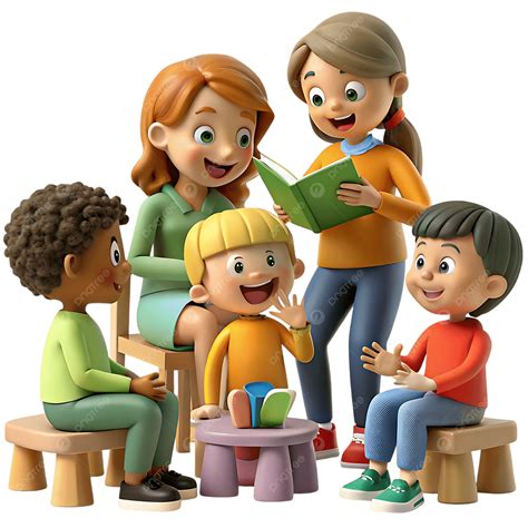 Een illustratie van kinderen die met verwondering luisteren naar een volwassene die over het geloof vertelt.