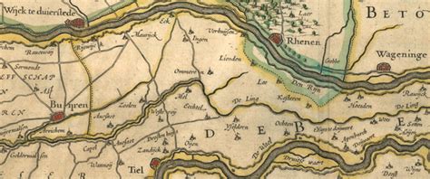 historische kaart van de Betuwe met markering van Elst en omliggende gebieden