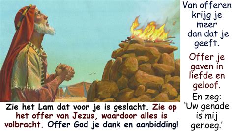 Schema dat de drie kernprincipes van het verhaal illustreert: offeren, danken, delen.