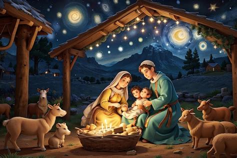 Een illustratie van een kerststal met de Heilige Familie, passend bij de sfeer van de kerstnachtdienst.