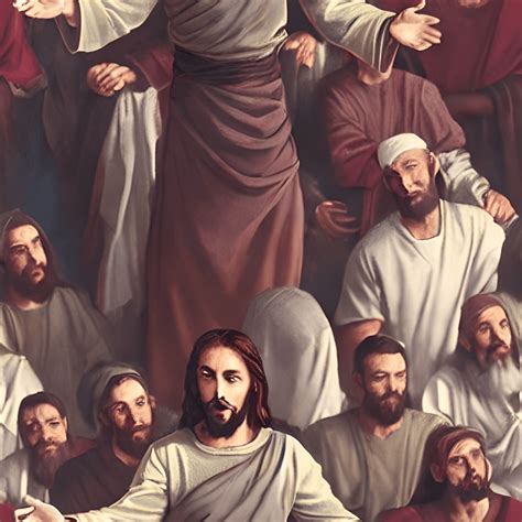 Een artistieke weergave van Jezus die met een menigte spreekt, met Griekse figuren op de voorgrond