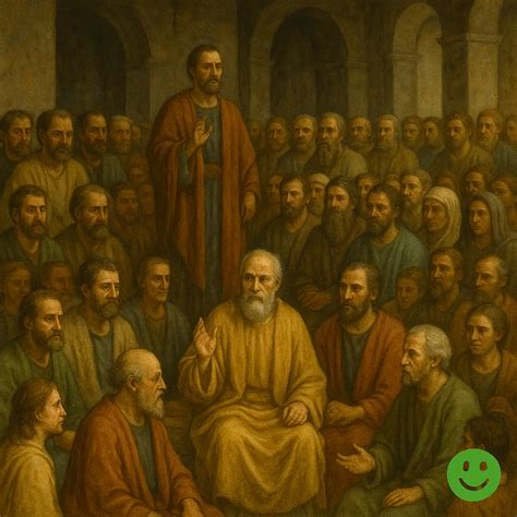 Illustratie van de vroege Christelijke gemeenschap die hun bezittingen deelt.