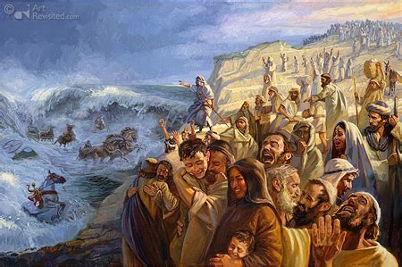 Illustratie van de doortocht door de Schelfzee, met Mozes die het water splijt en het Egyptische leger dat wordt verzwolgen.