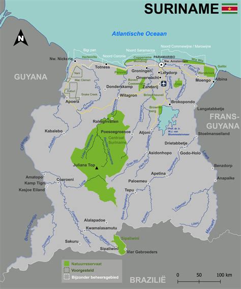 Kaart van Suriname met gemarkeerde gebieden waar mennonieten zich probeerden te vestigen.