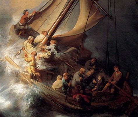 Schilderij van Jezus die de storm op het Meer van Galilea tot rust brengt.