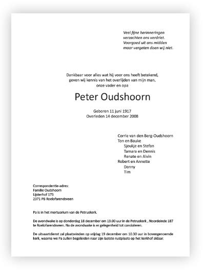 Voorbeeld van een rouwkaart met kledingwensen.