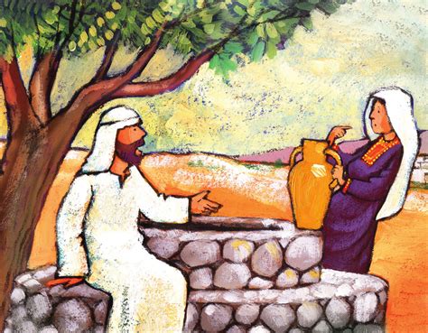Illustratie van de Samaritaanse vrouw bij de put in de middagzon