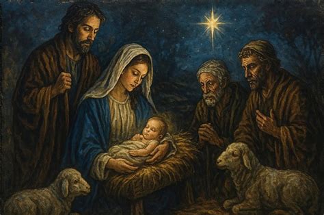 Illustratie van de geboorte van Jezus in een kerststal, met herders en de wijzen uit het oosten