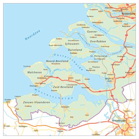 Kaart van Zeeland met de locaties van de genoemde reformatorische scholen gemarkeerd.