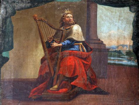 illustratie van koning David met een harp, symbool van zijn koningschap en muzikale gaven