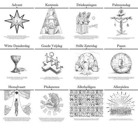 Illustratie van de belangrijkste christelijke feestdagen met symbolische afbeeldingen voor Kerst, Goede Vrijdag, Pasen, Hemelvaart en Pinksteren.