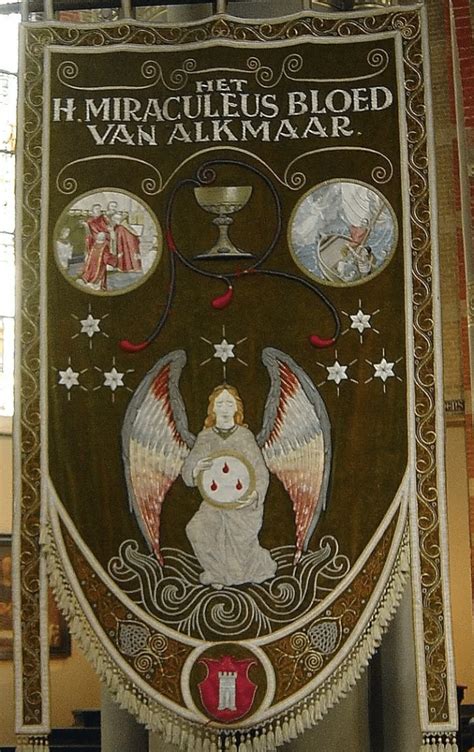 Illustratie van het mirakel van Alkmaar, met de rode bloeddruppels op het witte doek