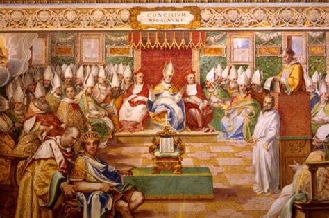 Illustratie van het Concilie van Nicea met Keizer Constantijn