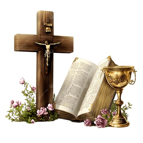 Collage van christelijke symbolen: een kruis, een Ichthus, een Bijbel en een kelk met hostie