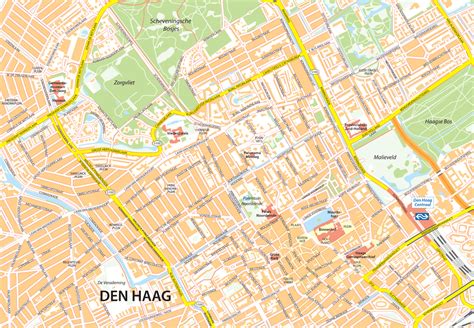Kaart van Den Haag met de locatie van de Abdijkerk gemarkeerd en aangegeven OV-routes