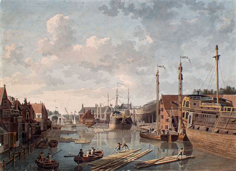 Artistieke weergave van een 16e-eeuwse scheepswerf in Haarlem.