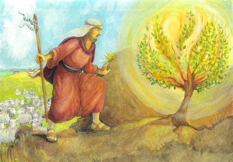 illustratie van Abraham die door God wordt geroepen, met een hemelse gloed