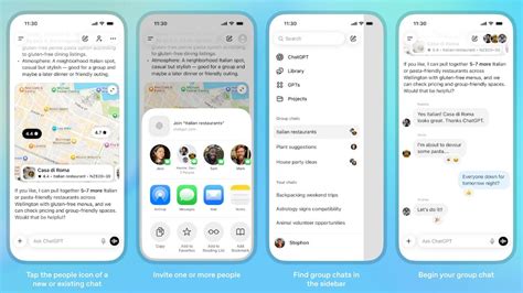 Mockup van een groepschat binnen de app, met profielen van leden en gedeelde berichten.