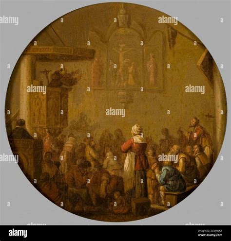 Illustratie van een kerkinterieur tijdens een dienst