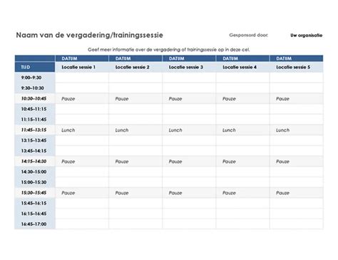 Schema van een dienstenrooster met kerken en tijden