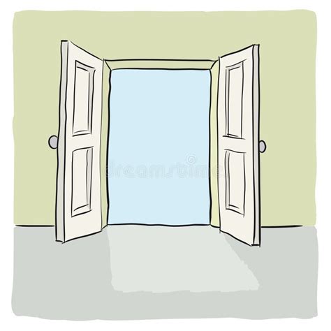Illustratie van een kerk met een open deur, symboliserend verwelkoming en afscheid.