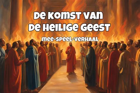 Illustratie van de uitstorting van de Heilige Geest met vuur tongen over de discipelen, gebaseerd op Handelingen 2.