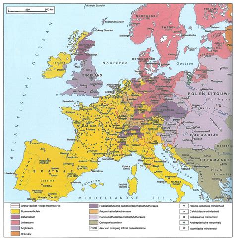 Een kaart van Europa in de 16e eeuw met de verspreiding van het protestantisme
