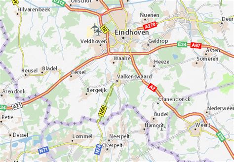 Kaart van Valkenswaard met de locatie van de Sint-Nicolaaskerk en de Rösheuvel